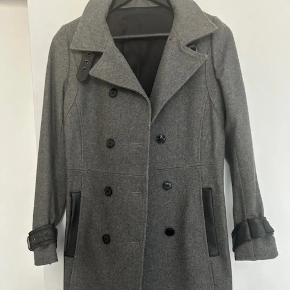 Kooples Grey Wool Blend Trench Coat with leather details - Picture 9 of 11